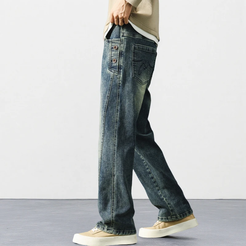 美式潮牌水洗做旧牛仔裤男士宽松复古直筒裤子春秋季高街休闲长裤