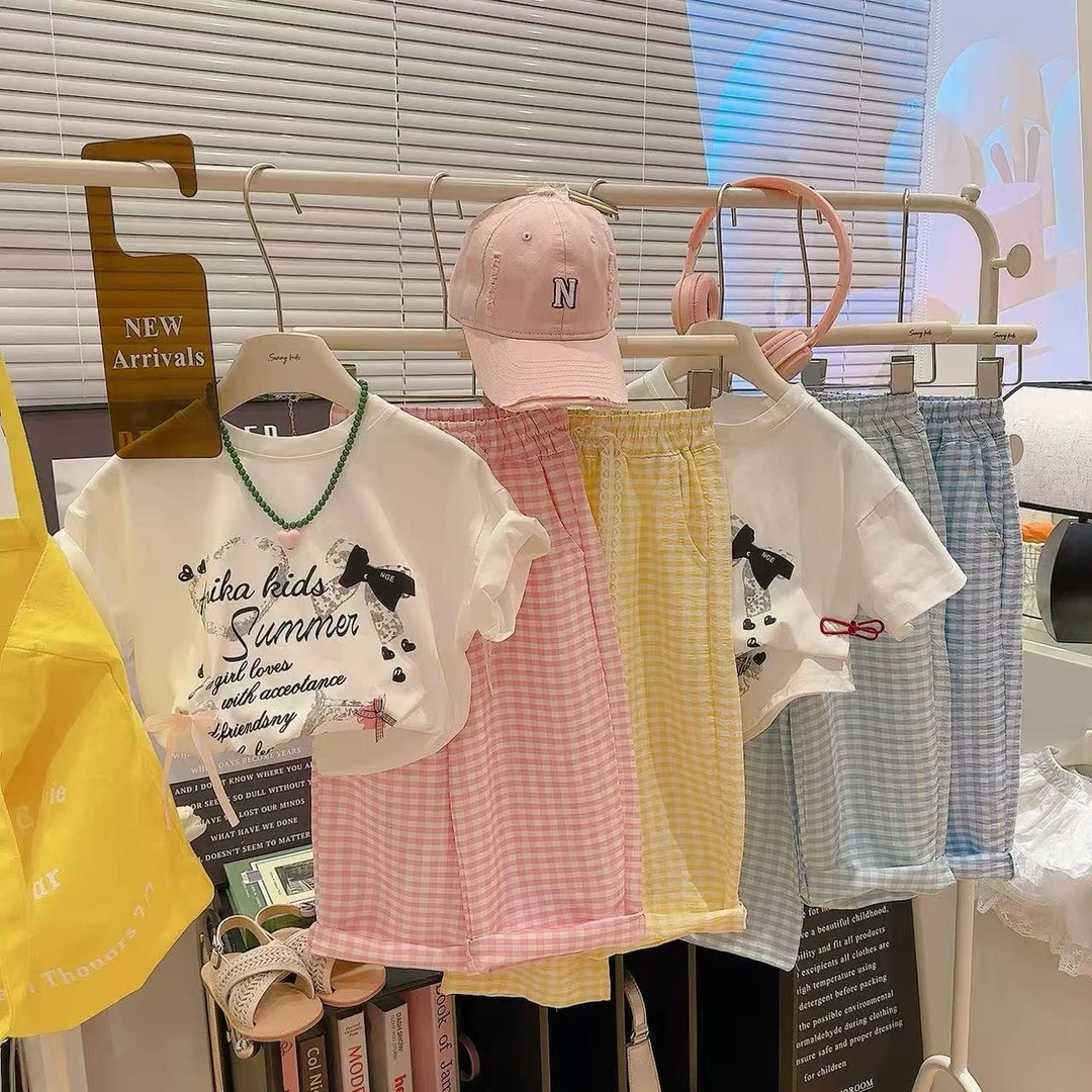 【亲子装】夏季韩版女童短袖+格子裤洋气休闲阔腿裤夏款两件套宽松