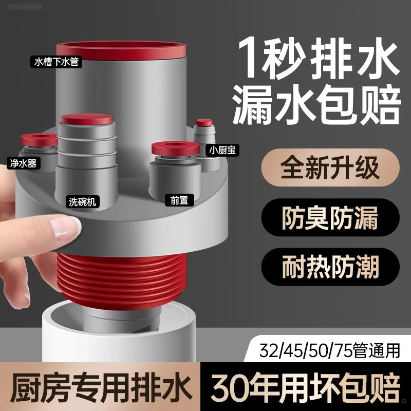 厨房专用下水管三通洗菜盆净水器水槽五通排水管道防臭神器分流器