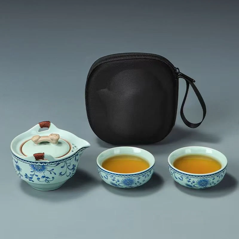 汝窑青花缠枝莲快客杯旅行茶具茶杯便携式泡茶壶旅行套装随身