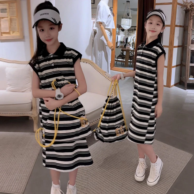 条纹夏日经典无袖韩版翻领连衣裙女童童装洋气时尚中长款中大童夏