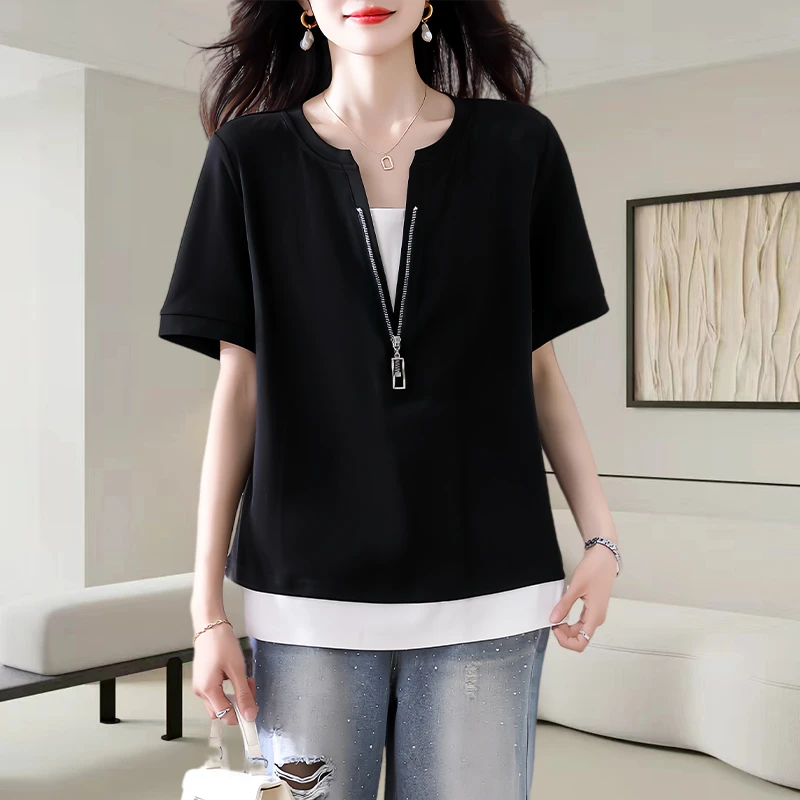 显瘦V领T恤减龄纯色大码设计感短袖通勤气质夏装休闲风假两件上衣