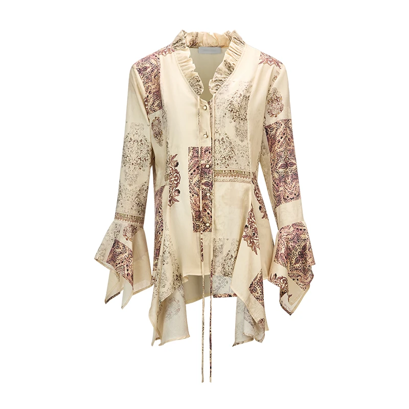 度假风春秋新款暖调气质衬衫花卉百搭成人V领细带不规则衬衫上衣