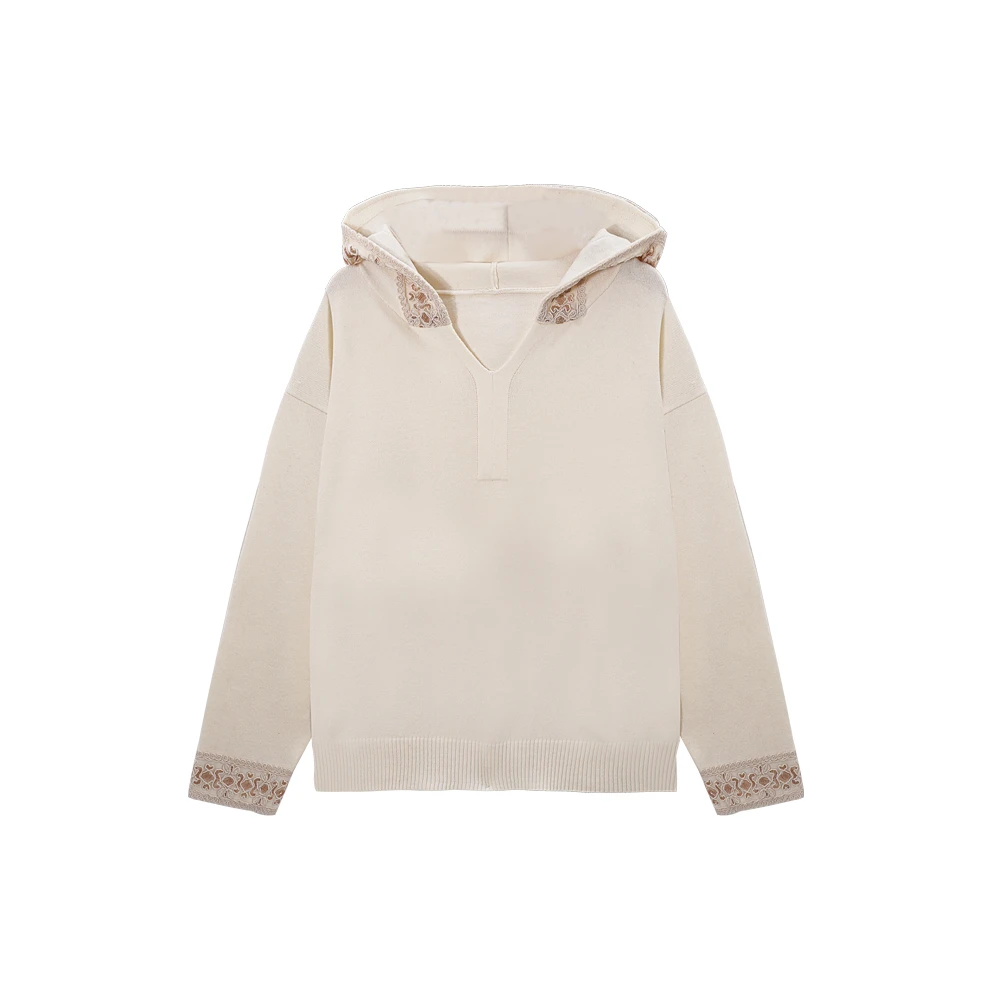 A 70058：小众设计拼接蕾丝珠片连帽针织衫女秋冬季纯色休闲毛衣