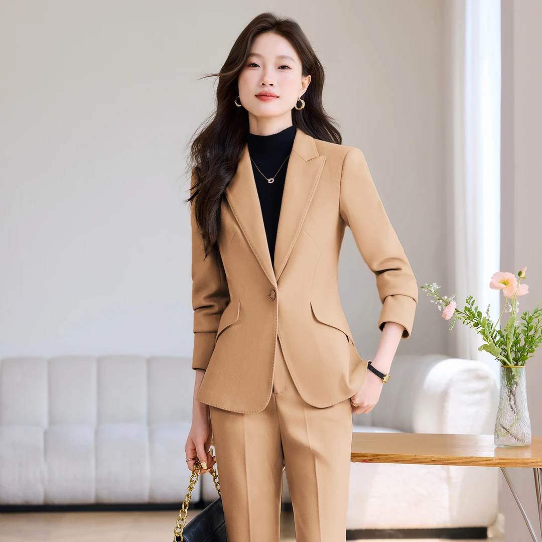 毛呢西装套装女2025新款秋冬加厚职业正装后双开叉女神范西服外套