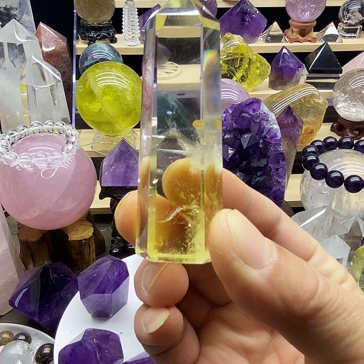 石材天然黄水晶柱摆件