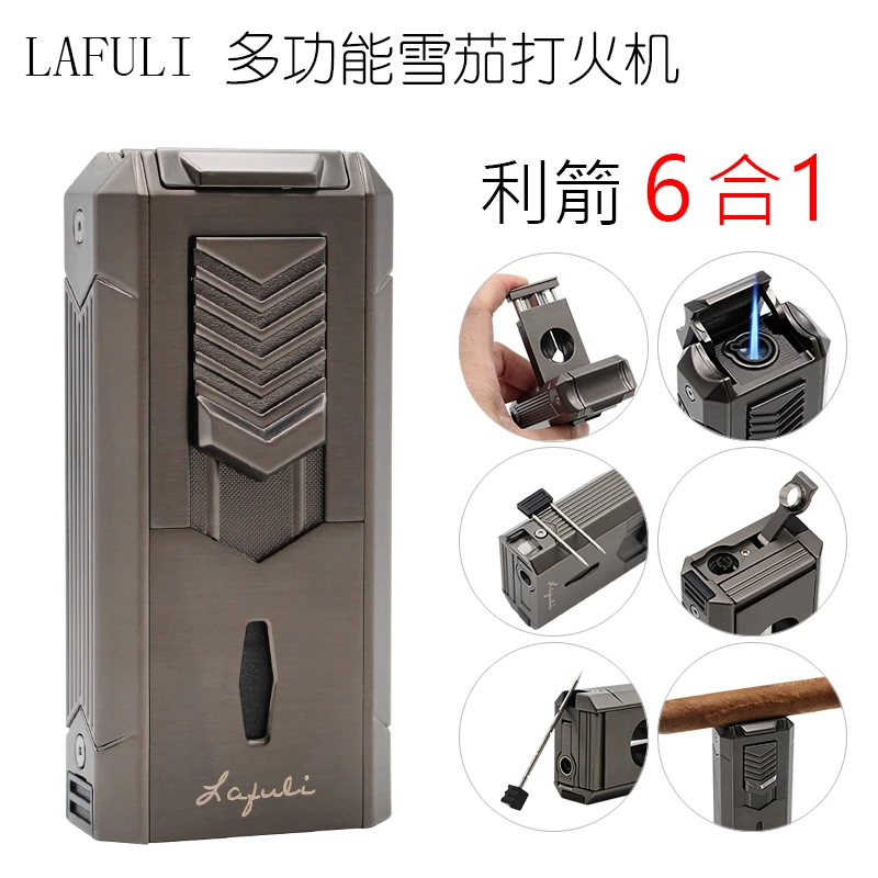 包邮 Lafuli多功能一体雪茄V剪打火机 通针打孔器烟托雪茄架持灰