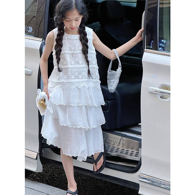 K29056刺绣花边女童连衣裙2025夏装新款儿童休闲无袖裙子蛋糕裙潮