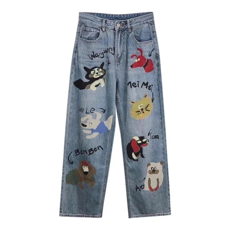 现货 涂鸦美式小狗印花阔腿牛仔裤女夏季百搭高腰宽松直筒长裤