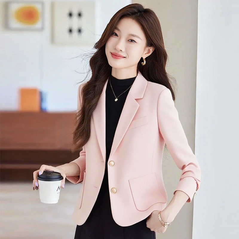 粉色西装外套女短款小个子2025春秋新款气质休闲女士小西服女上衣