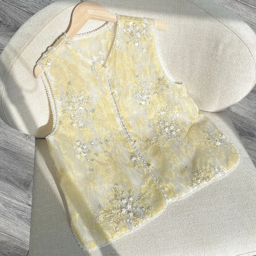 精致高级感马甲2025新款重工亮片春夏中式时尚百搭双层桑蚕丝马甲