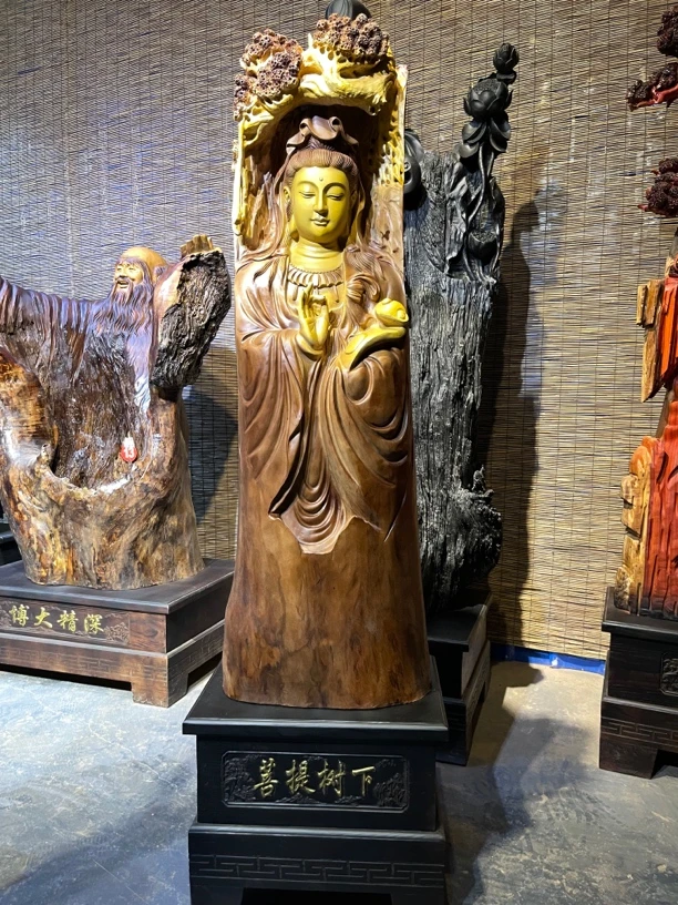 香樟木雕刻观音菩提树下意境款落地摆件客厅办公室茶室书房装饰