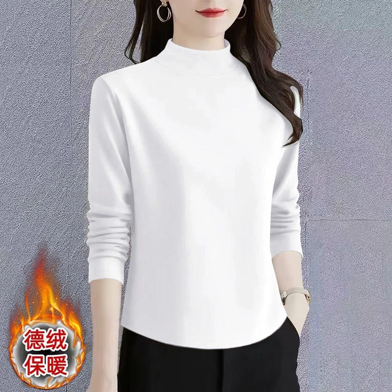 半高领2025纯色新款T恤衫韩系打底外套女圆弧形下摆秋冬德绒上衣