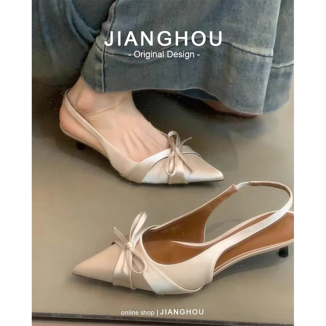 法式尖头细高跟鞋绸缎4cm春夏后空蝴蝶结配旗袍单鞋包头凉鞋带跟
