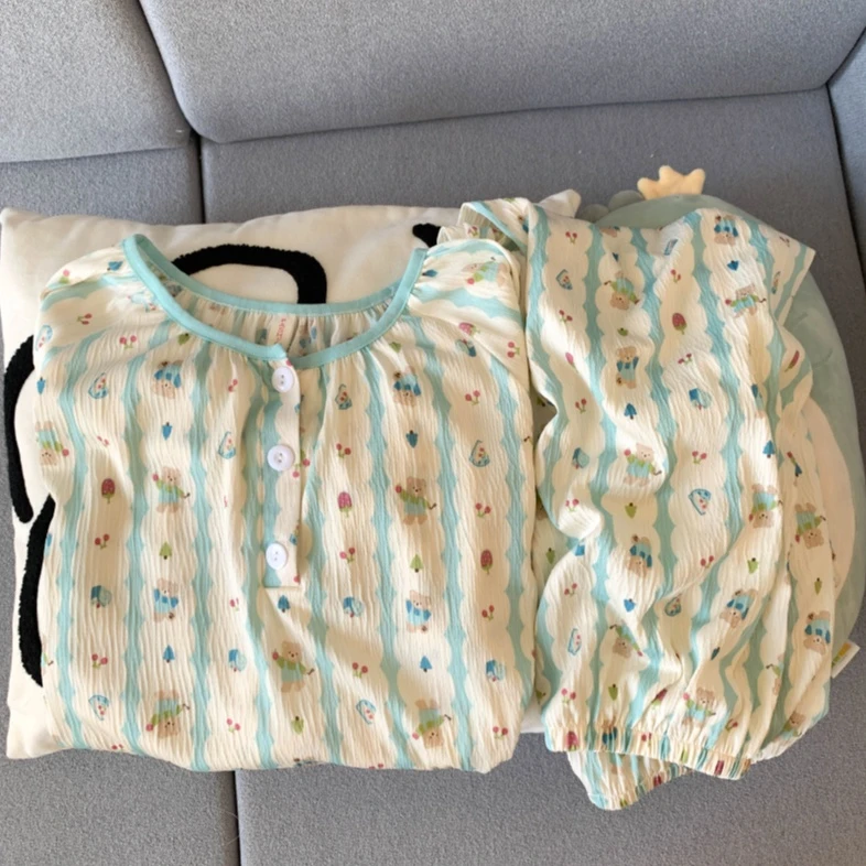 新款圆领睡衣女长袖长裤两件套春秋季绉布泡泡棉蓝色小熊宽松大码