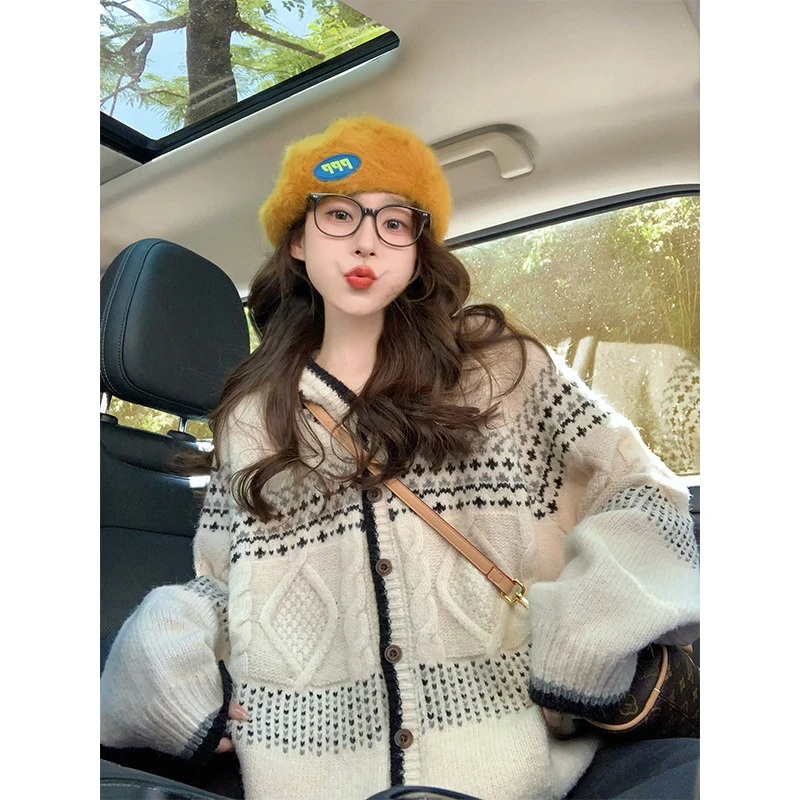 复古费尔岛麻花连帽开衫毛衣外套女冬季加厚宽松慵懒风高级感上衣