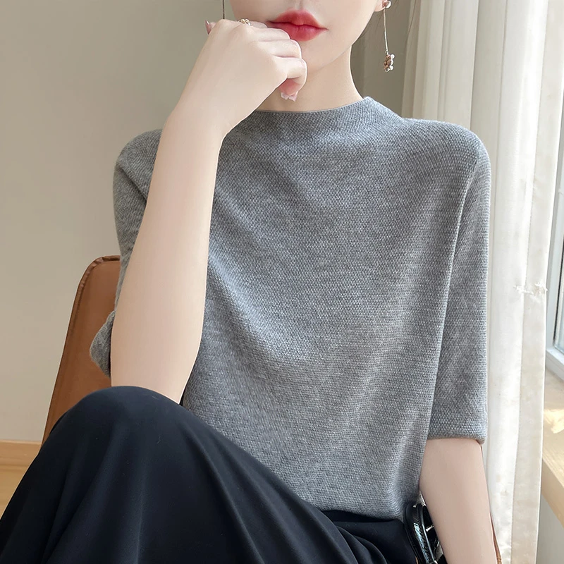 品牌女装正品2025早春新款圆领中袖针织衫时尚百搭宽松显瘦纯色