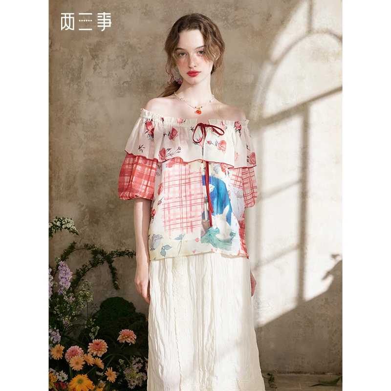 两三事 花蔓知夏 2025夏季新款荷叶边一字肩印花雪纺衫女宽松