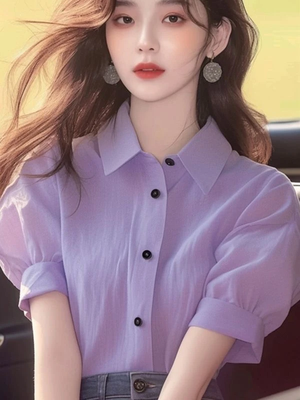 洋气独特别致上衣夏款女装2025新款小衫淡紫色Polo领泡泡短袖衬衫