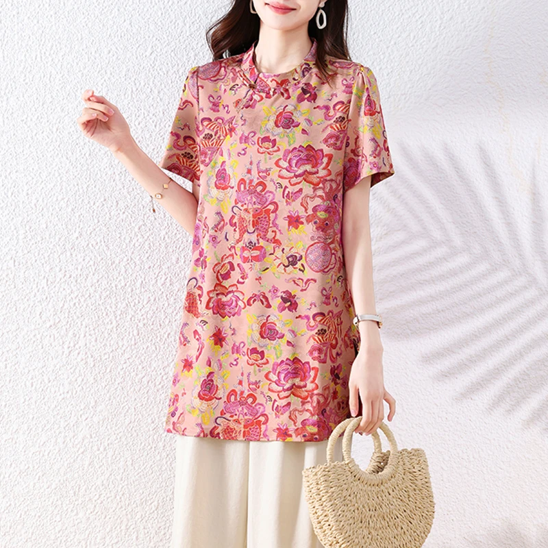 新中式印花短袖衬衫女国风夏季新款中长款衬衣大码百搭气质上衣