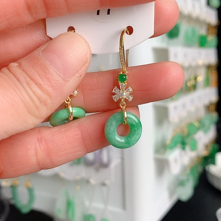 翡翠耳饰银S925镶嵌婀*翡翠