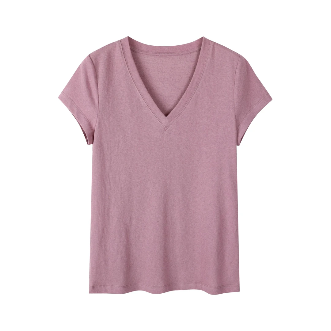 30565【IR订单】夏款法式正肩V领短袖亚麻针织T恤0177