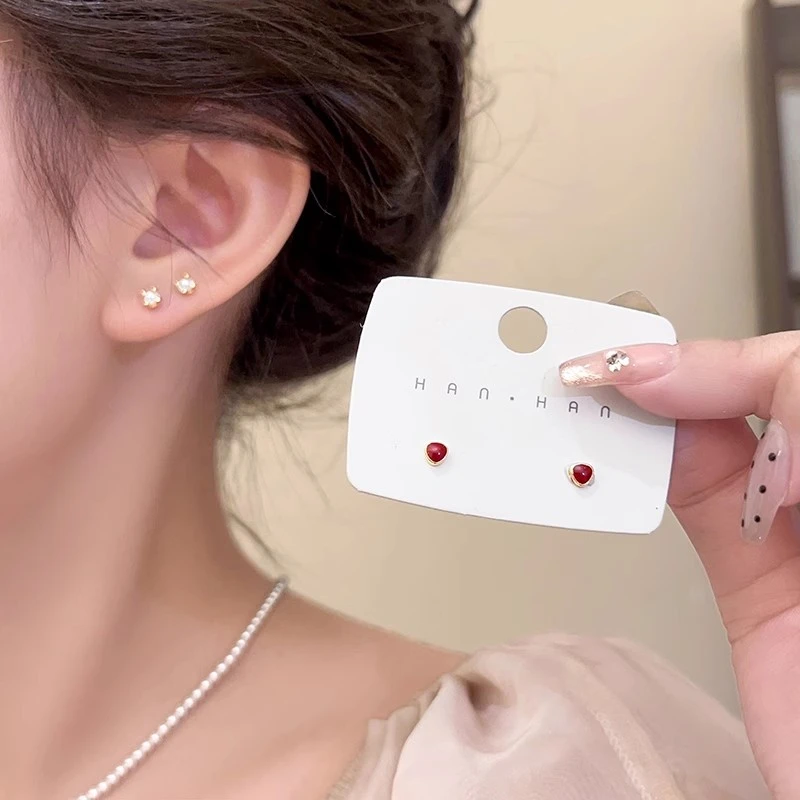 s925银针耳饰红豆珠珠耳钉四件套简约小巧精致百搭高级养耳洞耳环