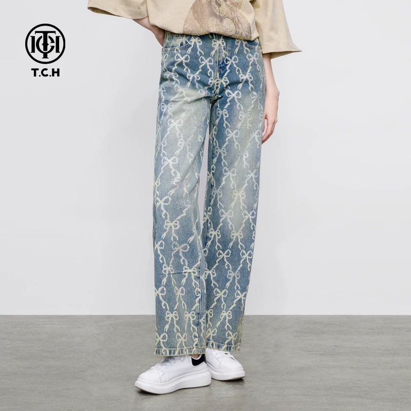 TCH轻奢烫钻工艺蝴蝶结直筒长裤子牛仔裤女T75A208005A私服tch