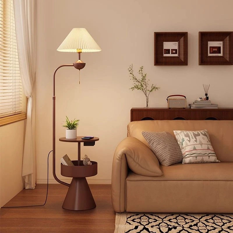 中古百褶落地灯复古美式客厅沙发边立式台灯卧室床头置物架一体灯