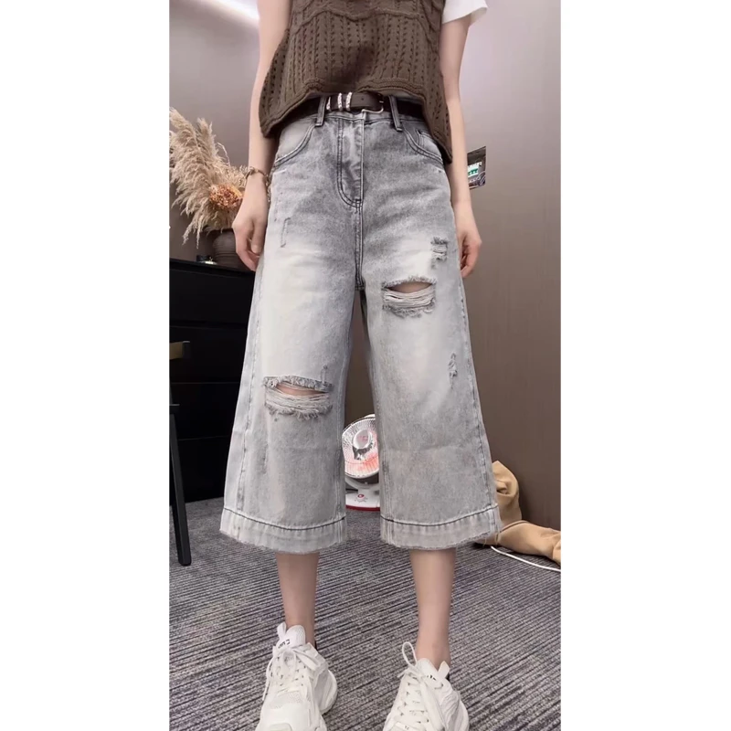 艾塔莉百搭破洞牛仔裤女夏季新款设计感中裤大码遮肉阔腿直筒裤