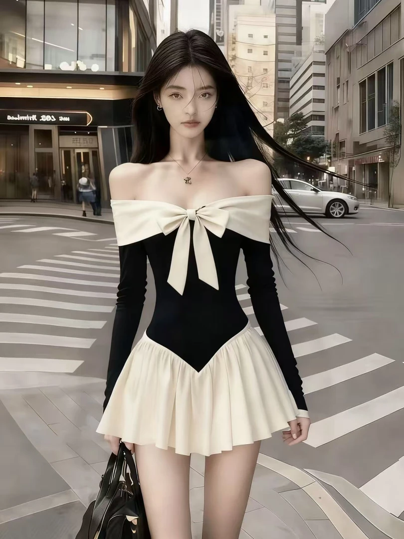 时尚轻奢温婉千金风撞色一字领露肩长袖修身收腰气质显瘦连衣裙女