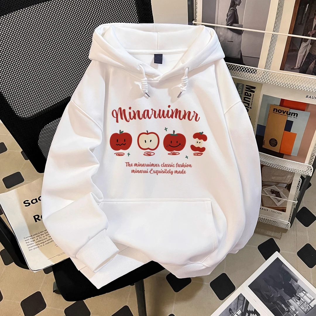 大码300斤韩版卡通苹果印花慵懒风连帽卫衣男女秋冬宽松显瘦卫衣