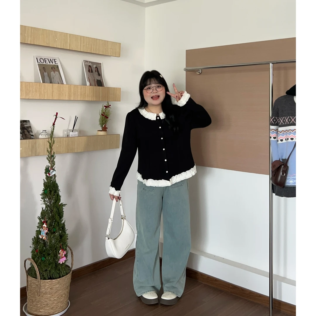 QINGYUS-小香风设计感针织T恤微胖显瘦拼接别致上衣冬季大码女装