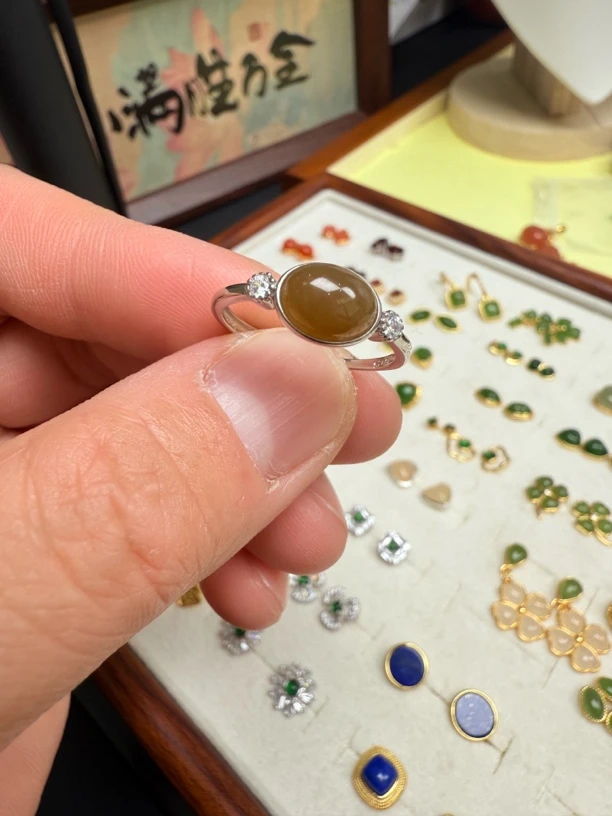 和田玉糖料戒指S925银镶