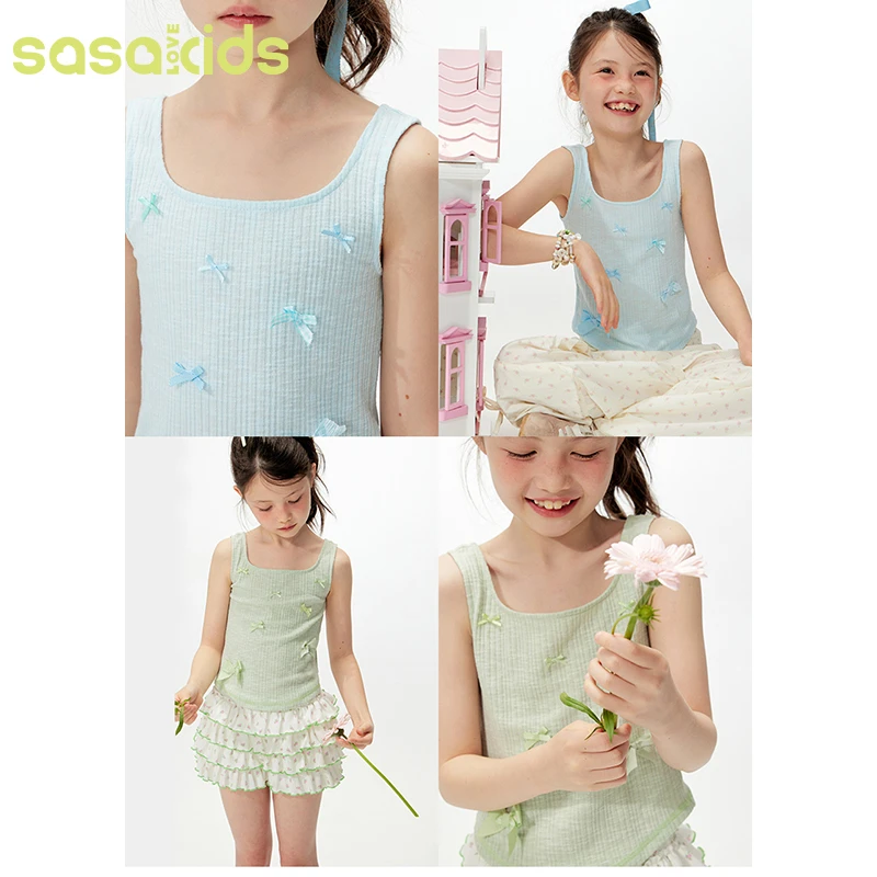 sasakids 夏日不规则蝴蝶结高弹亲肤云朵质感贴身小背心无袖上衣