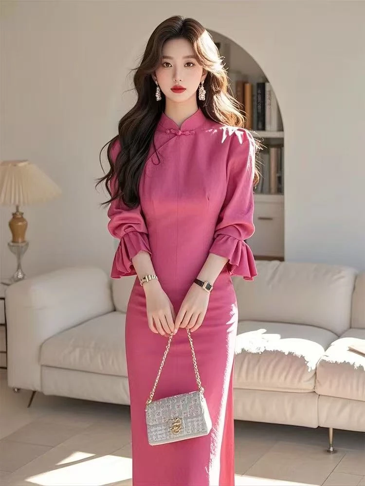 新中式女装国风玫红色衬衫连衣裙2025春季漂亮独特气质名媛长裙子
