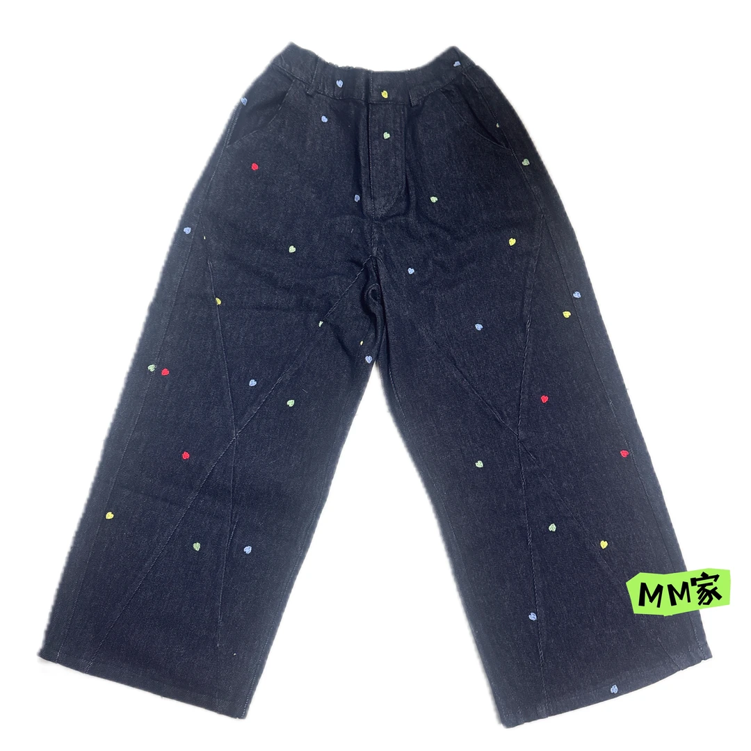 【MM】欧货刺绣桃心八分牛仔阔腿裤