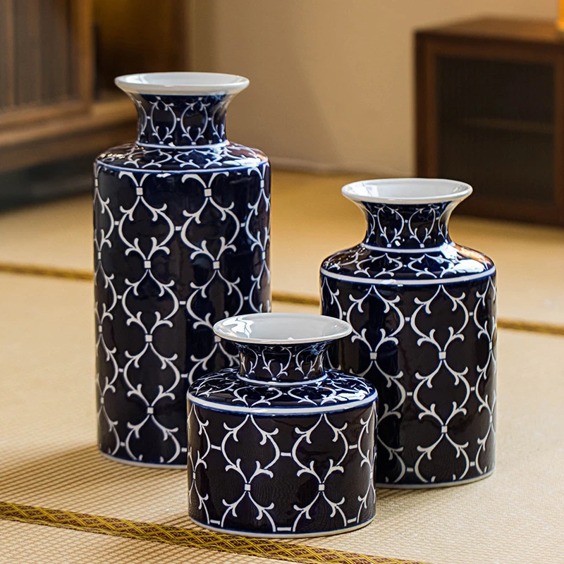 青花瓷花瓶摆件客厅插花中式古典美式装饰复古玄关陶瓷花瓶高级感