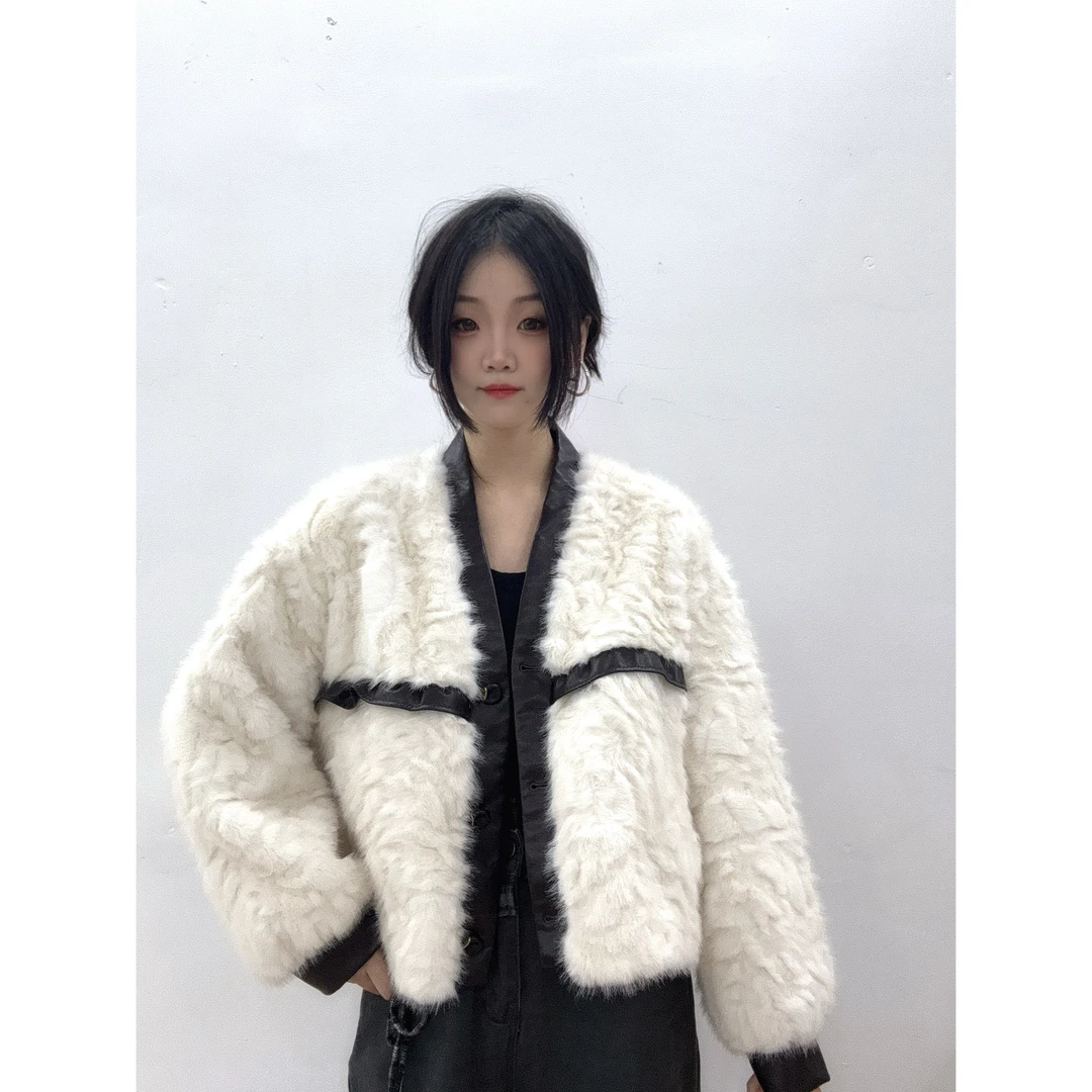 网红拼皮秋冬新款小香风慵懒韩系高级环保草毛毛外套短款女（650）