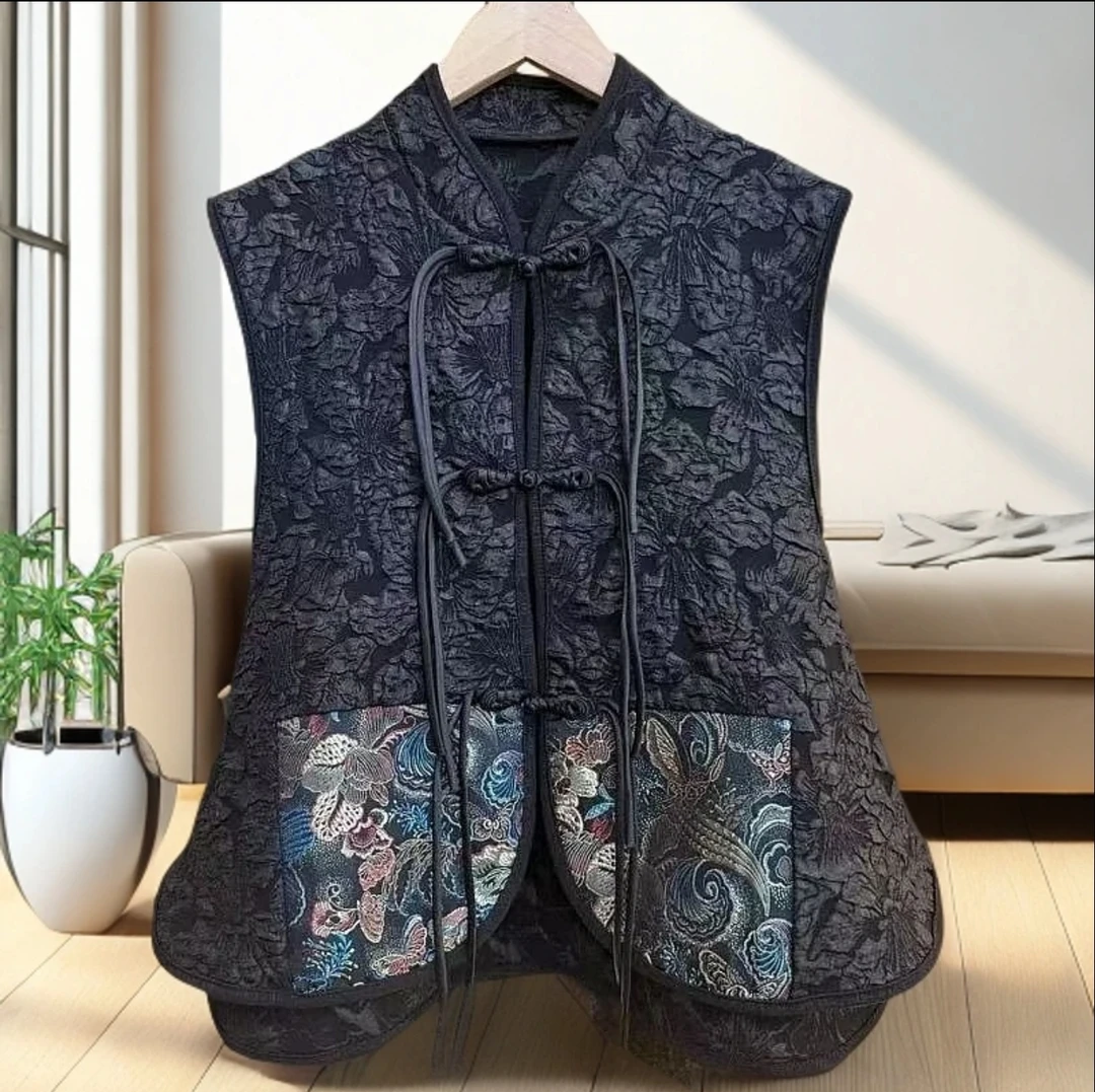 新中式国风盘扣提花马甲女刺绣拼接显瘦洋气马夹外套背心坎肩