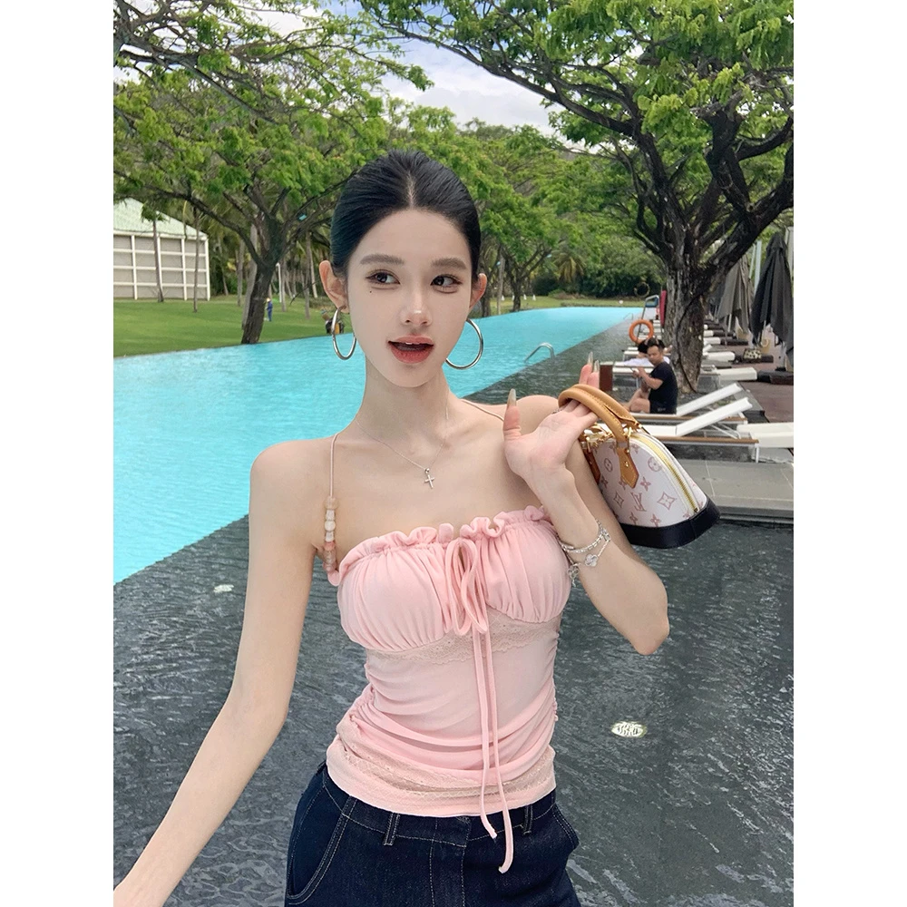 cchun纯子 小众设计感重工淡粉色串珠肩带蕾丝拼接吊带上衣