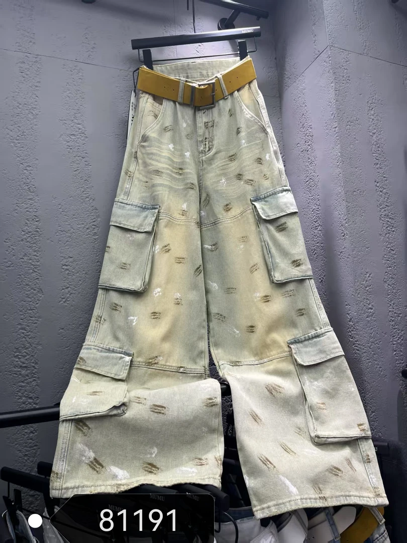 秋季女中腰微弹力深色印花直筒阔腿牛仔裤高街极简风