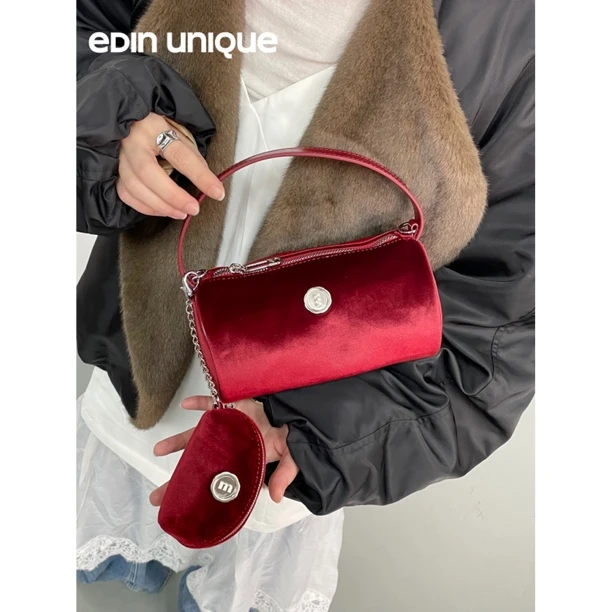 一丁小众设计牛皮复古圆筒手提包高级感丝绒简约时尚斜挎包女潮