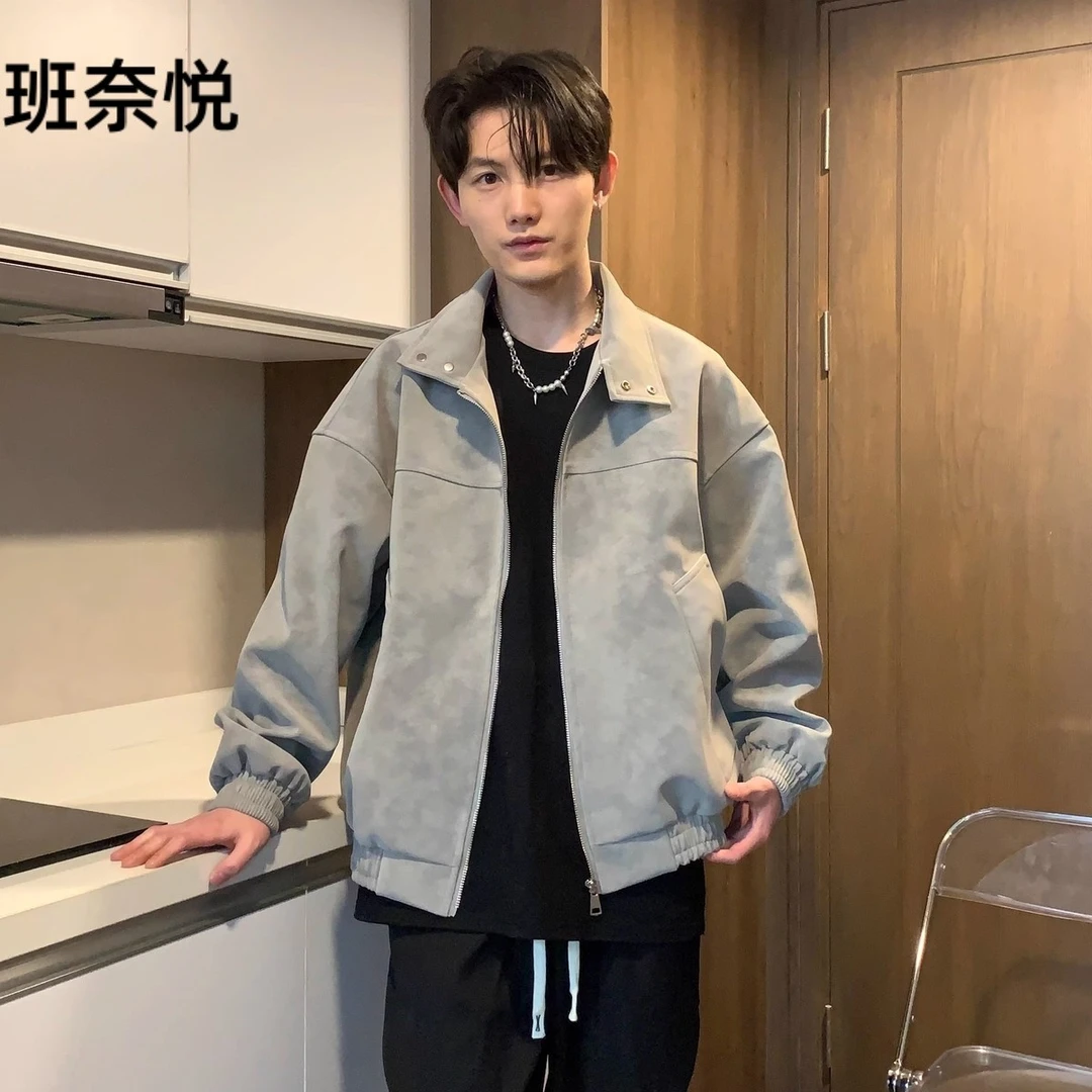 夹克外套男秋季新款扎染pu复古立领皮衣夹克痞帅宽松百搭情侣外套