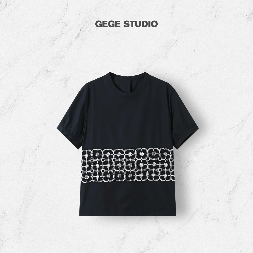 【格格】高级感刺绣抗皱百搭圆领短袖T恤