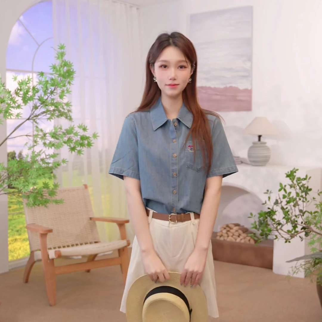 茵曼休闲舒适新款纯棉时尚牛仔衬衣夏日清凉感百搭复古短袖衬衫