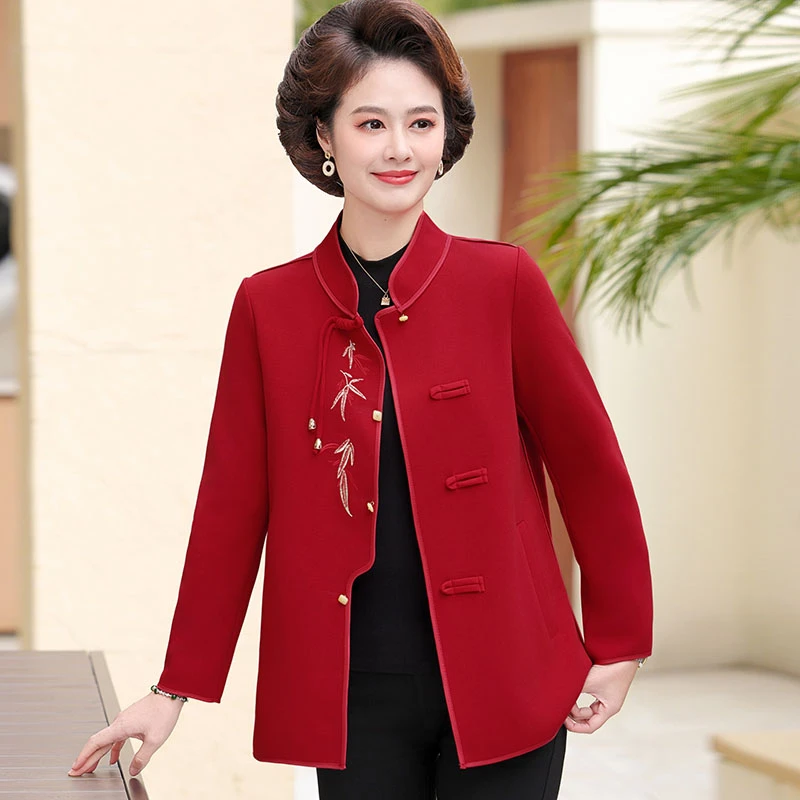 妈妈春装新中式外套洋气刺绣上衣中老年女装春秋国风气质风衣薄款