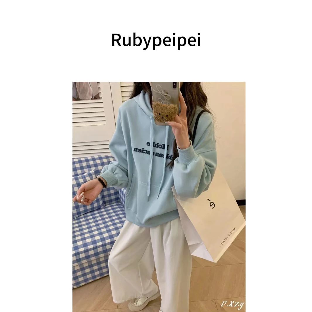 【Ruby佩】新品ol纯色印花连帽字母牙刷绣百搭休闲春季宽松卫衣