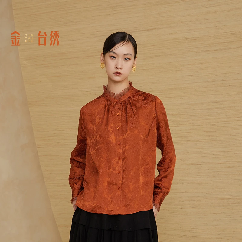 金台绣新中式国风衬衫雅韵提花桑蚕丝混纺立领蕾丝上衣25春S37797