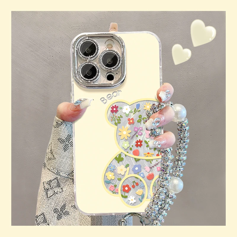 花朵小熊适用苹果15华为vivo/oppo小米iPhone16pro精孔羽纱手机壳